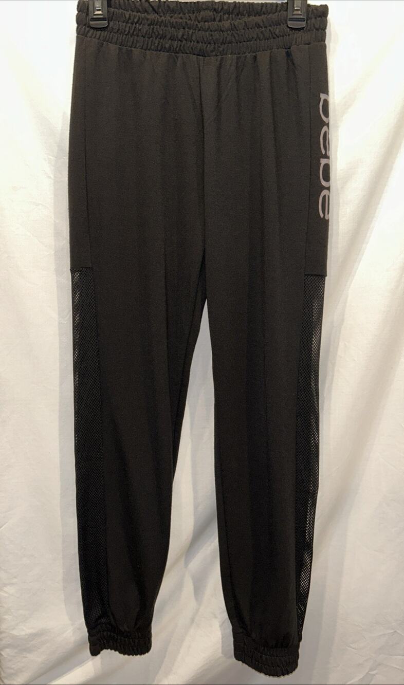 Bebe Small Black Joggers w Mesh Sweatpants Logo Y2K Retro Athleisure Streetwear